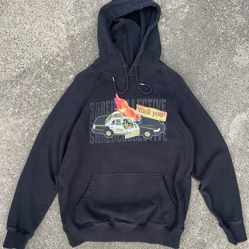 Black Graphic Hoodie Sweatshirt with Flame Police Car Design